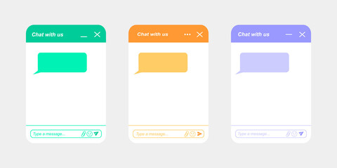 Wall Mural - Chat bot screen templates. Life chat windows with message bubbles. Virtual assistant, online customer support conversation. Mobile messenger app design. Vector flat illustration