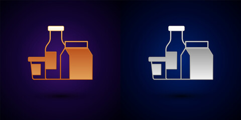 Poster - Gold and silver Milk product icon isolated on black background. Vector