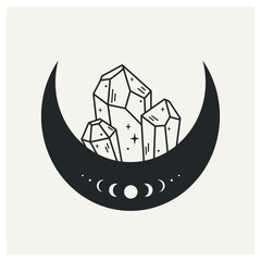 Wall Mural - crescent moon with magic crystals. mystical symbol. celestial object. the moon has a slit pattern. g