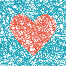 Red Scribble Heart On A Blue Background. Seamless Romantic Pattern. Valentine's Day Greeting Card.