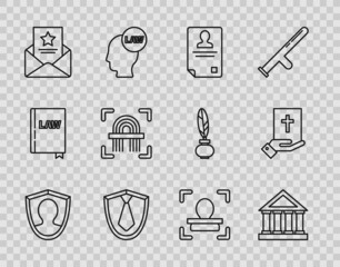 Sticker - Set line User protection, Courthouse building, Identification badge, Tie, The arrest warrant, Fingerprint, Face recognition and Oath the Holy Bible icon. Vector