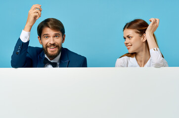 Poster - funny man and woman advertising presentation white banner copy-space studio