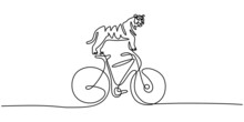 Continuous One Single Line Of Tiger Playing Riding Big Bicycle Isolated On White Background.
