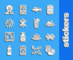 Sticker - Set line Blood pressure, No junk food, Healthy, Fish, doping syringe, Sun, Meditation and Fresh smoothie icon. Vector