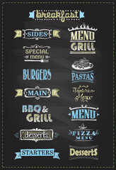 Sticker - Assorted menu headlines set with symbols, signs and graphic elements on a chalkboard