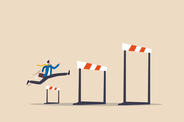 Business challenge, overcome difficulty or obstacle to achieve business success, effort, skill or aspiration to solve problem concept, ambitious businessman jump over hurdles to find higher obstacles.