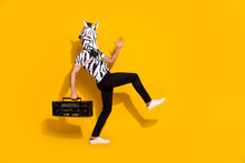 Photo Of Funky Chilling Guy Dressed Wild Animal Costume Holding Boom Box Walking Empty Space Isolated Yellow Color Background