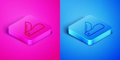 Sticker - Isometric line Swiss army knife icon isolated on pink and blue background. Multi-tool, multipurpose penknife. Multifunctional tool. Square button. Vector