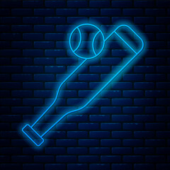 Poster - Glowing neon line Baseball bat with ball icon isolated on brick wall background. Vector