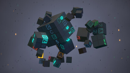 Digital cubes with program code levitate in mid air 3D render