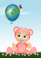 Sticker - illustration of baby girl with balloon in the shape of the world