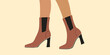Shoe, boots, footwear. Woman, female, girls shoes. Classic shoes. Business fashion style boots. Feet, legs walking in elegant women leather boots with heel. Colorful Isolated flat vector illustration 