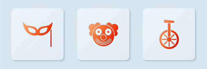 Sticker - Set Clown head, Festive mask and Unicycle or one wheel bicycle. White square button. Vector