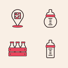 Sticker - Set Baby milk in a bottle, Cheese, and Bottled wooden box icon. Vector