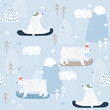 Seamless pattern with polar bear and snowboard. Winter childish print. Vector hand drawn illustration.