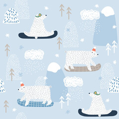 Wall Mural - Seamless pattern with polar bear and snowboard. Winter childish print. Vector hand drawn illustration.