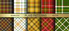 Seamless Vector Multicolor Plaid Patterns. Set Of 10 Tartan Backgrounds. Collection Of Stylish Geometric Designs For Fabric, Textile, Wrapping Etc. 