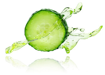 Slice of cucumber with flowing water isolated on white background.