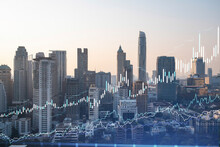 Market Behavior Graph Hologram, Sunset Panoramic City View Of Bangkok, Popular Location To Achieve Financial Degree In Southeast Asia. The Concept Of Financial Data Analysis. Double Exposure.
