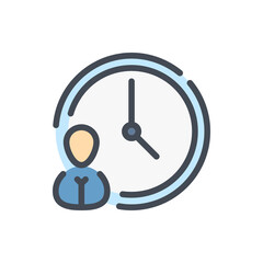 Canvas Print - Work time and Labor hours color line icon. Clock with person vector outline colorful sign.