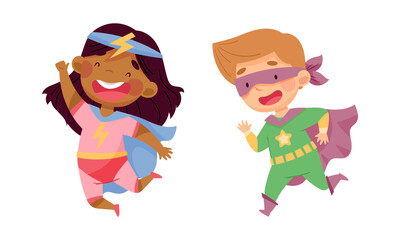 Wall Mural - Happy little kids wearing superheroes costumes set. Children having fun at carnival or birthday party cartoon vector illustration