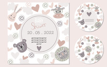 Vector Set Of Simple Pastel Baby Shower Card With Animal Face In Scandinavian Style 