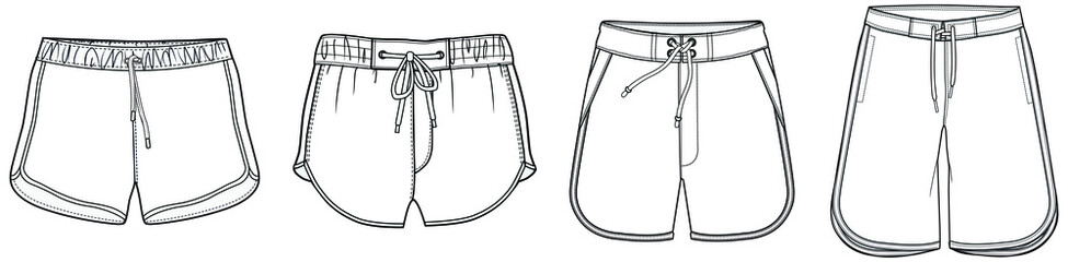 Wall Mural - Board shorts, surf shorts, swim shorts fashion flat sketch vector illustration templates. CAD mockup.
