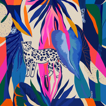 Silk Scarf Design. Creative Contemporary Collage With Leopard And Tropical Plants. Fashionable Template For Design.