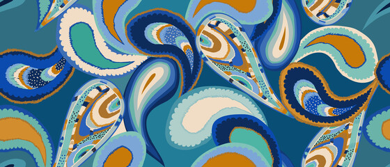 modern hand drawn paisley ornament pattern in blue tones. abstract trendy ethnic style. fashionable 