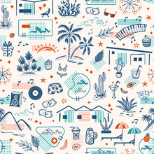 Summer Vacation Theme. Palm Springs, California Architecture And Nature. Holiday Homes, Pools, Beach, Palm Trees, Hills, Tropical Plants, Food, Drinks And Other Leisure Items. Vector Seamless Pattern