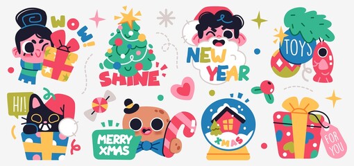 Sticker - Set of Merry Christmas and Happy New Year stickers or magnets. Festive souvenirs.