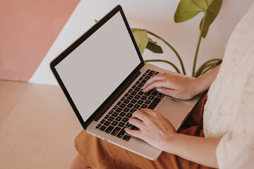 Wall Mural - Young woman working on laptop computer with copy space. Comfortable home office workspace interior design. Work at home
