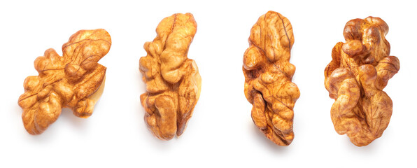 Walnut Isolated. Peeled walnut on white background. Top view. Flat lay. Collection.