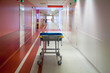 © Mint Images - Corridor and waiting areas of a modern hospital with seating, a trolley bed with blue mattress