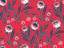 Floral Pattern With Decorative Flowers, Leaves On Red Background. Abstract Composition Of Painted Plants Decorated Dots. Seamless Pattern, Modern Interpretation Of Folk Art. Vector Design For Print.