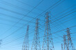 electrical power lines producing energy with voltage transmission on electric tower, electricity.
