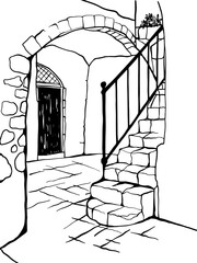 Wall Mural - Ancient staircase in the old house. Black and white vector illustration in hand drawn style. Jerusalem, Israel. Urban landscape sketch. Line art. Ink drawing on white.