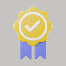 3d Icon Certificate Badge Vector Illustration, Yellow Badge Warranty Icon With Checklist And Ribbon Background Isolated