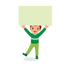 Poster - Happy little boy holding up blank poster or banner with copy space for text, messages, and ads