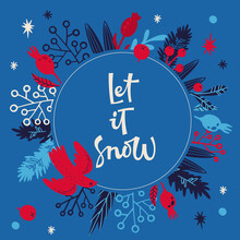 Let It Snow Text On Blue Surface With Painted Plants And Bird