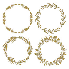 Wall Mural - Floral gold frames. Vintage plants wreaths with leaves and branches. Laurel wreaths. Decorative  elements for design. Vector illustration isolated on white background