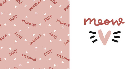 Wall Mural - Meow sign and heart seamless pattern and accent print for baby girl clothing or pet supplies. 