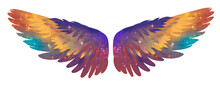 Beautiful Magic Glittery Wings With Blue And Yellow Shades, Raster Illustration
