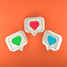 Three Rectangular White Pins In Different Angles With A Red, Green And Turquoise Hearts. Social Media Notification. 3d Render.