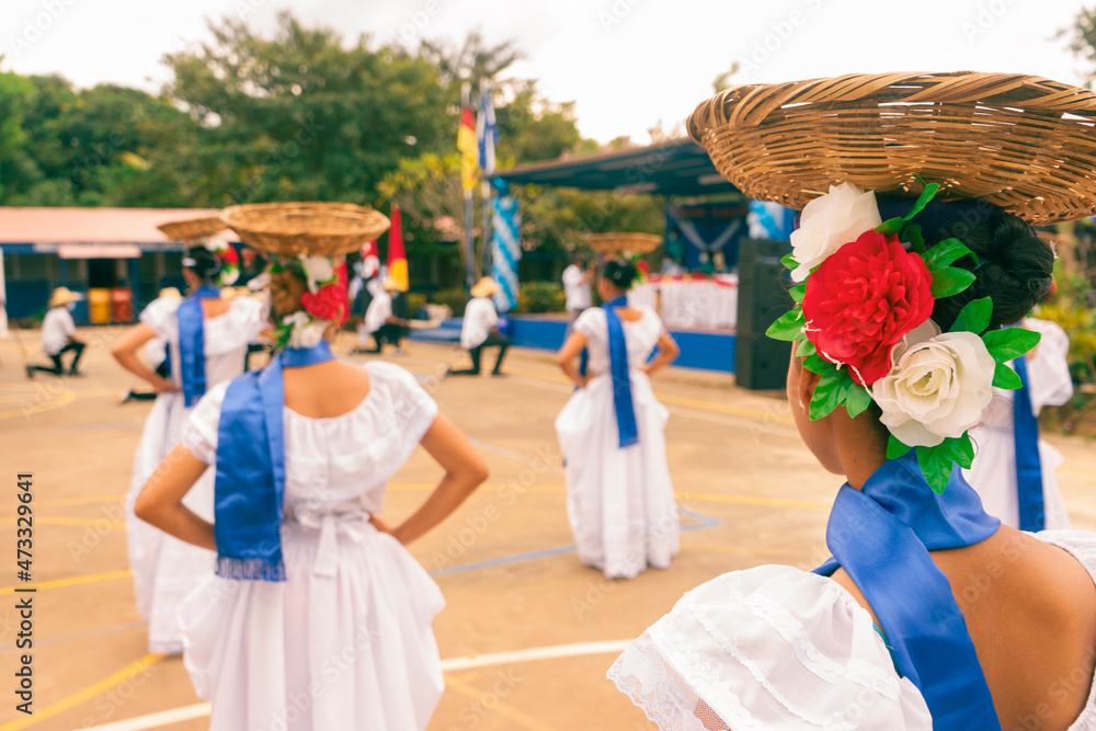A group of women wearing the traditional costume of Central America, Nicaragua, Costa Rica, Honduras, El Salvador, Guatemala, Panama and other Latin American and South America countries.