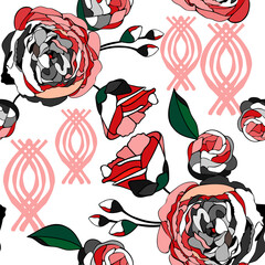 Modern artistic illustration pattern with camellia flowers and abstract  shapes.Vintage print with botanical design elements and geometric motif in pink and grey. Vector seamless fashionable template.