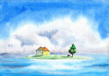 Watercolor Illustration Of A Green Island In The Blue Sea With A Small Yellow House, With A Green Tree And A Bench Under It