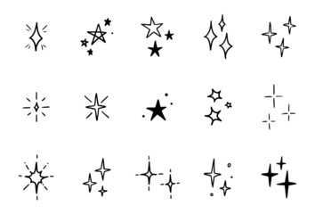 Aufkleber - Line star glitter shine of doodle set. Star shine glow, spark glitter, sparkle light vector illustration. Hand drawn sketch doodle style.
