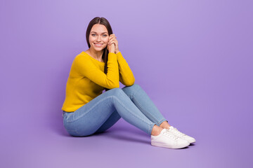 Canvas Print - Full body profile side photo of young pretty woman arms touch cheeks isolated over violet color background