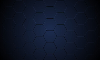 Dark blue hexagonal metallic abstract vector background. Dark three-dimensional texture with hexagon grid in futuristic modern vector illustration. Blue honeycomb 3d texture grid.